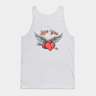 Winged Hearts Pierced by Arrow and lettering Love You drawn in tattoo style. Tank Top